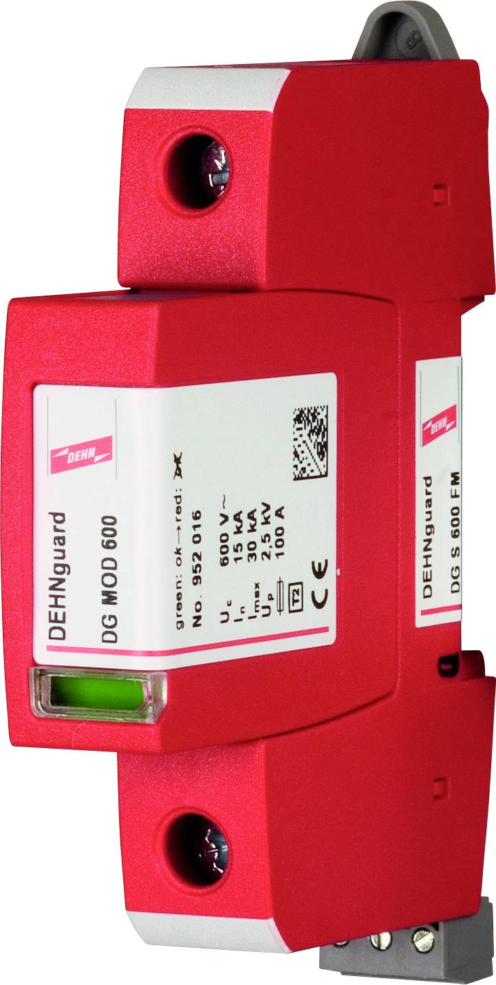 Un dispositif de protection contre les surtensions de couleur rouge de la marque DEHN, modèle DG MOD 600, avec des spécifications techniques sur l'étiquette.
