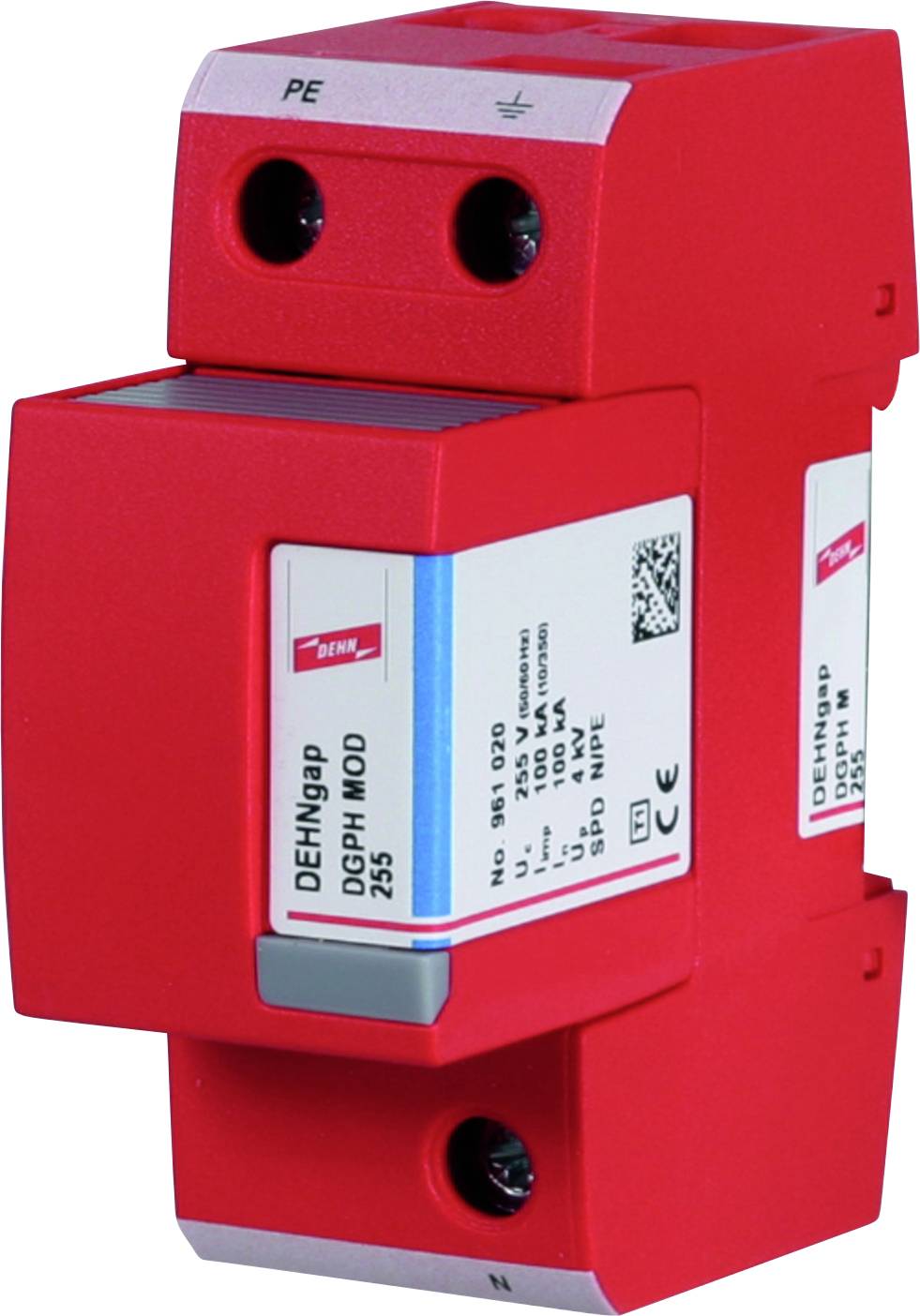 Protection contre les surtensions de marque DEHN, adapté à l'installation sur rails DIN, avec numéro de modèle et spécifications techniques.