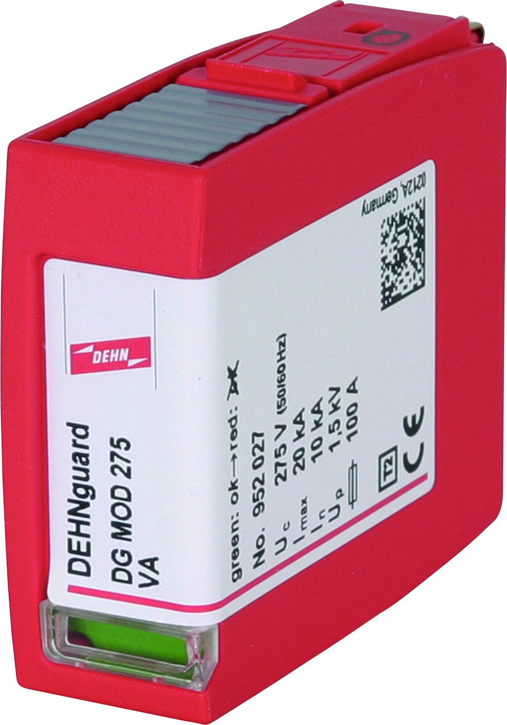 Parafoudre rouge de type 'DEHNguard DG MOD 275 VA' avec indicateur LED vert. Fabriqué par DEHN, adapté pour 275V.