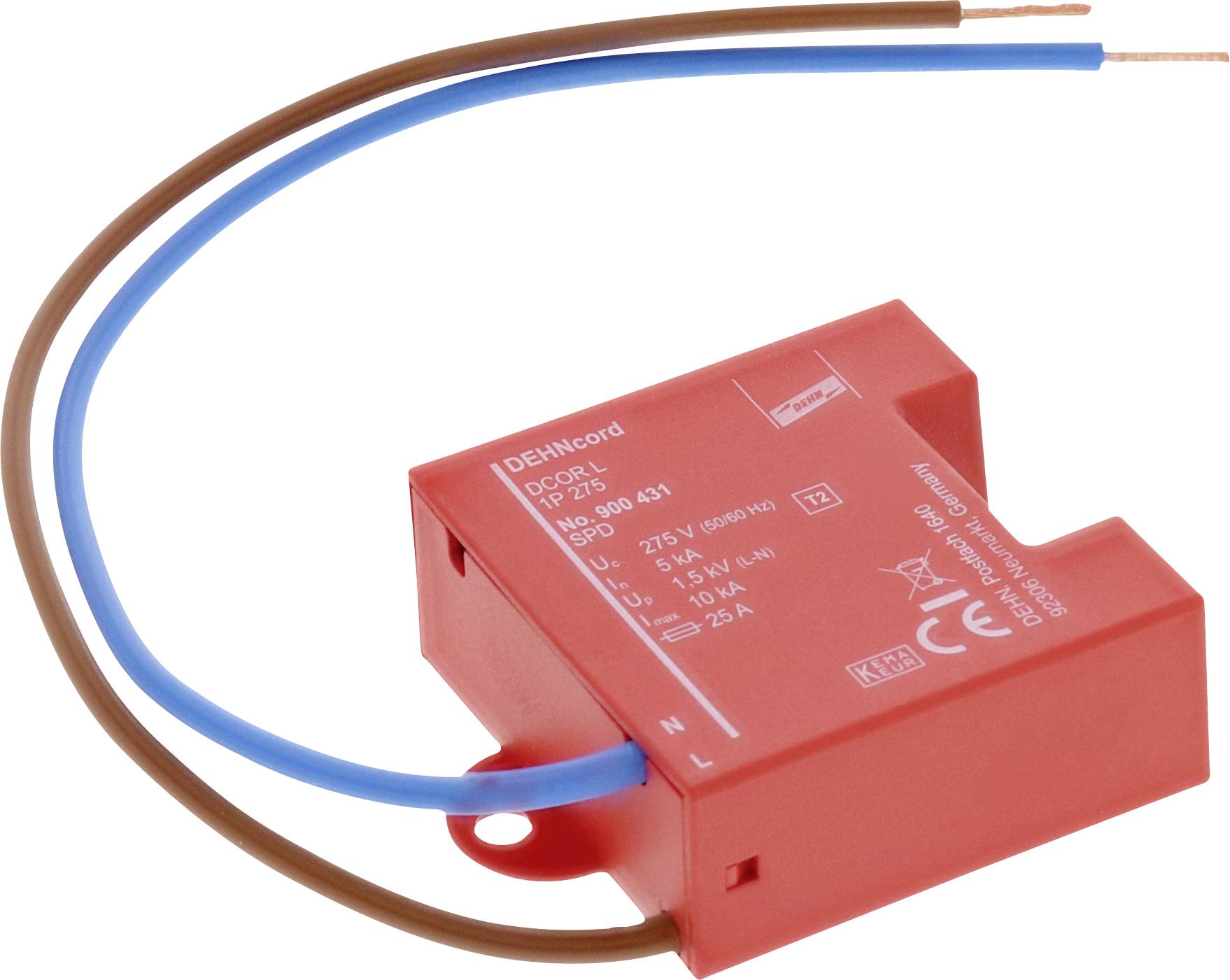 Un appareil électrique rouge avec deux fils sortants, l'un marron, l'autre bleu. L'appareil est étiqueté avec des spécifications techniques.