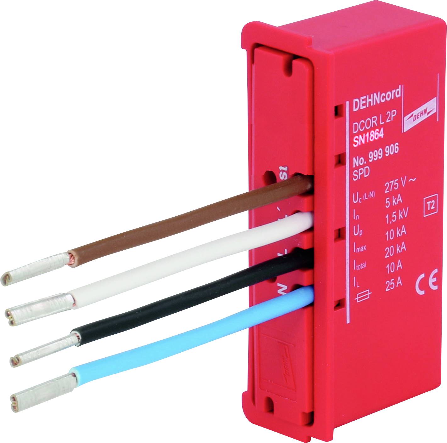 Appareil de protection contre les surtensions rouge avec quatre câbles colorés distinctifs et des spécifications techniques sur le côté.