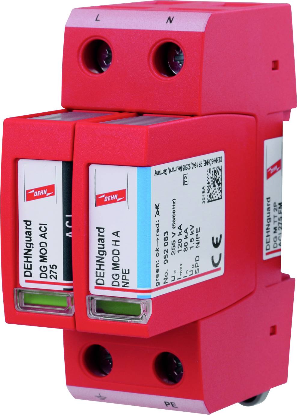 Deux dispositifs de protection contre les surtensions rouges avec les marquages L, N, PE et le nom de modèle 'DEHNguard'. Ils sont utilisés dans les armoires électriques.
