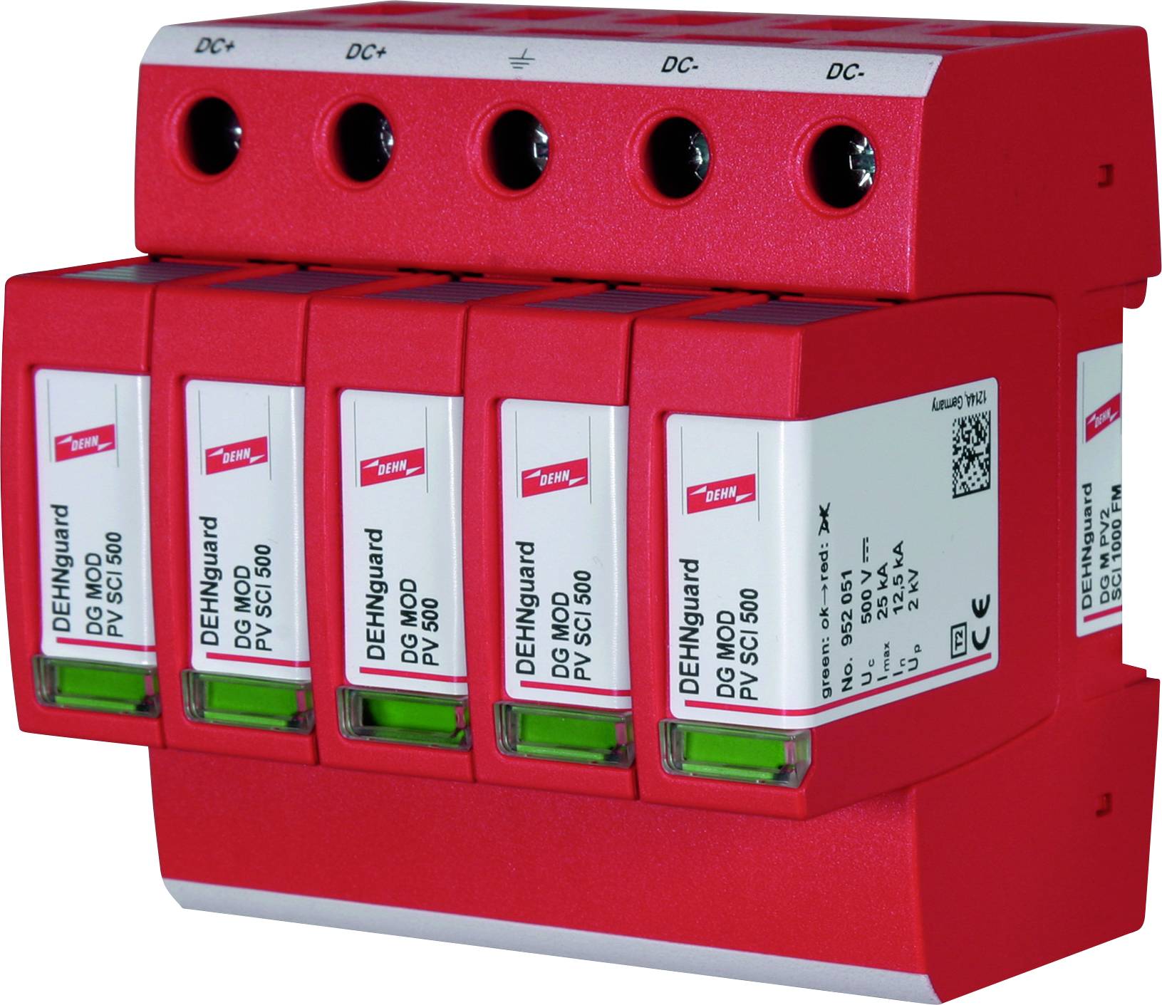 Un dispositif de protection contre les surtensions rouge avec plusieurs unités, marqué 'DEHNguard', destiné à sécuriser les installations électriques.