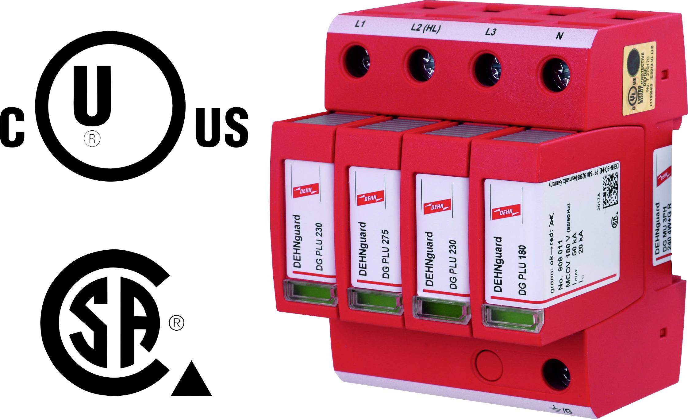 Un dispositif de protection contre les surtensions rouge de DEHN avec quatre modules et les logos de certification US/C-US et CSA, montrant des composants de sécurité électrique.