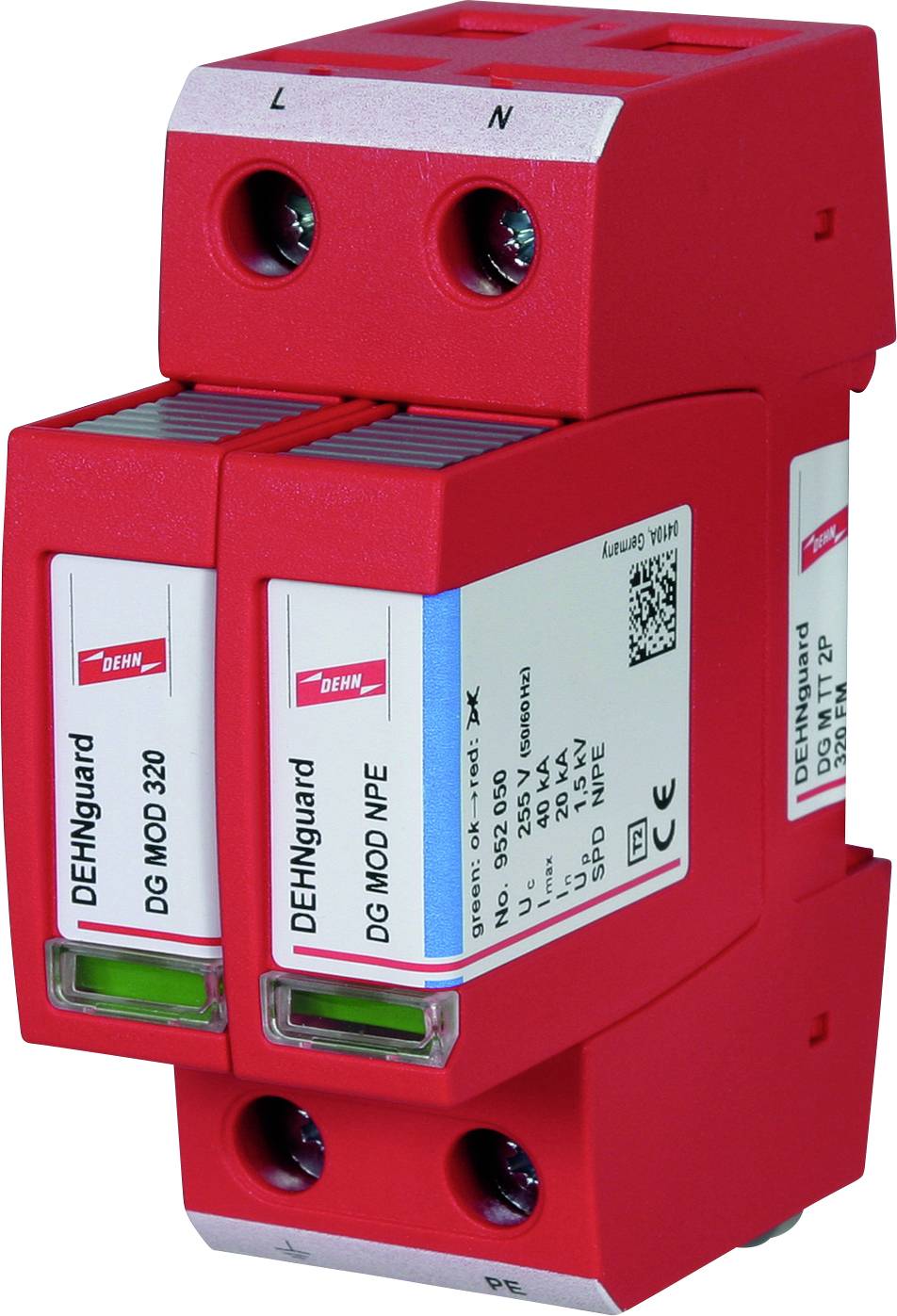 Un dispositif de protection contre les surtensions rouge portant les inscriptions 'DEHNguard DC MOD 320' et 'DEHNguard DC MOD NPE', présentant deux modules côte à côte.