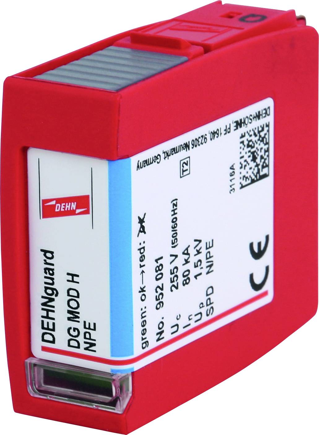 Appareil de protection contre les surtensions DEHN, modèle 'DG MOD H NPE', avec spécifications techniques sur une étiquette.