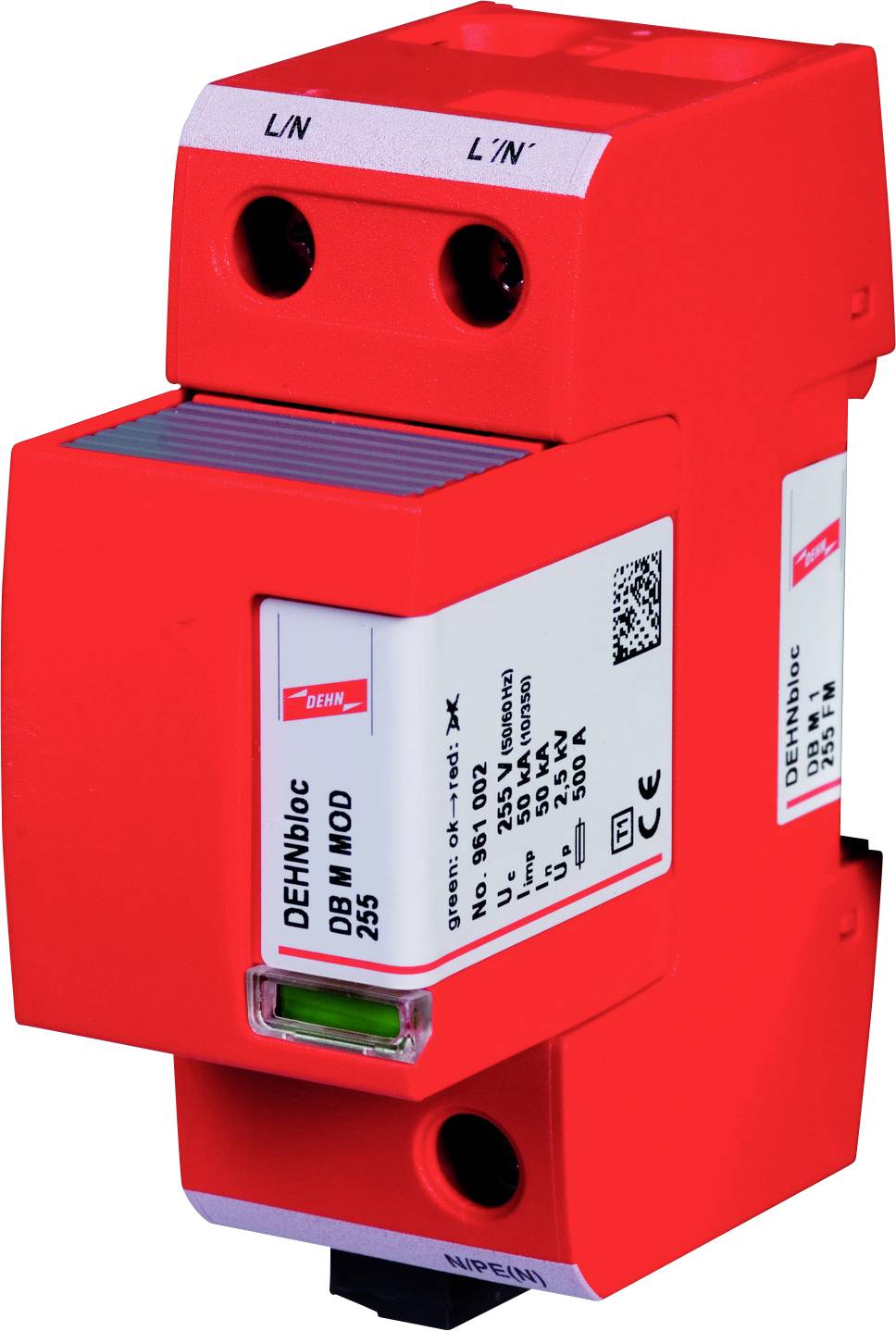 Parafoudre rouge pour installations électriques, portant l'inscription 'DEHNbloc', adapté à la protection des systèmes électriques.