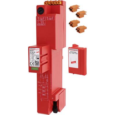 Disjoncteur électronique de coupure de charge rouge avec spécifications techniques ; comprend des contacts enfichables supplémentaires et une pièce de rechange sur l'image.