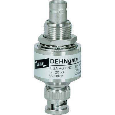Un dispositif de protection contre les surtensions portant l'inscription 'DEHNgate DGA AG BNC', pour 20 kA et 180 V. Il possède un connecteur BNC en haut et en bas.