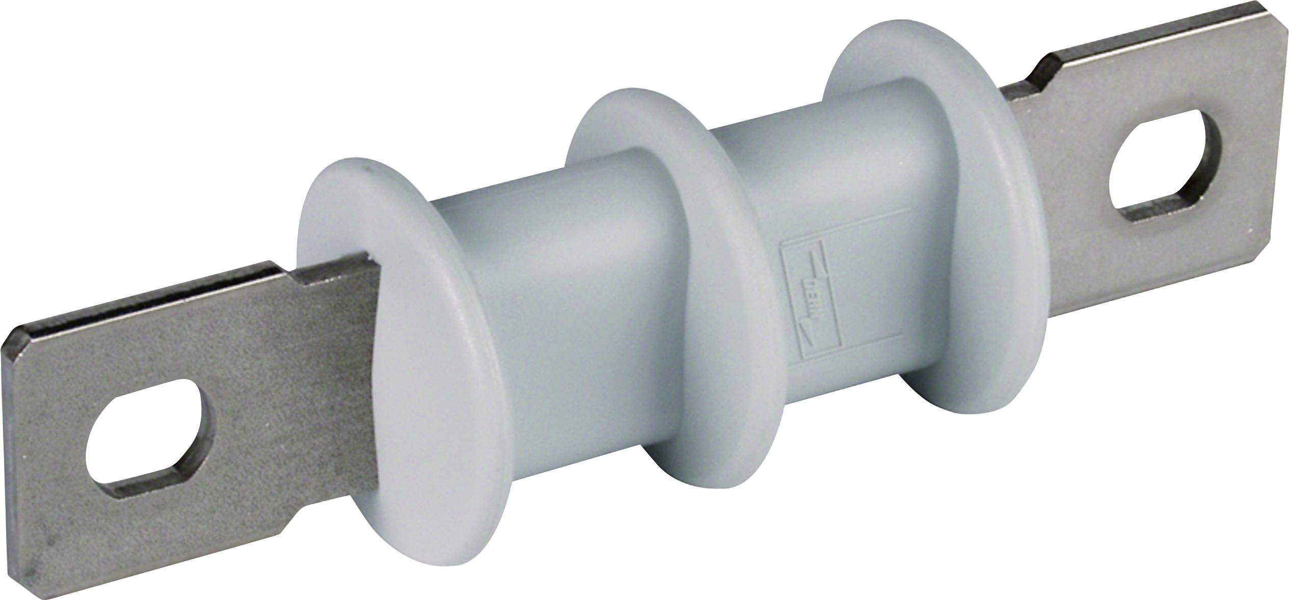Un amortisseur de fusible électrique gris avec deux pinces métalliques aux extrémités, utilisé pour la protection des circuits électriques dans les installations.