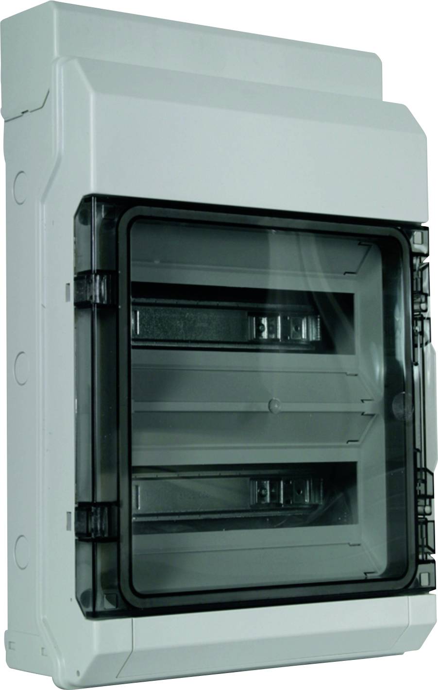Un boîtier de distribution électrique gris avec un couvercle transparent et rabattable, adapté aux installations intérieures et extérieures.