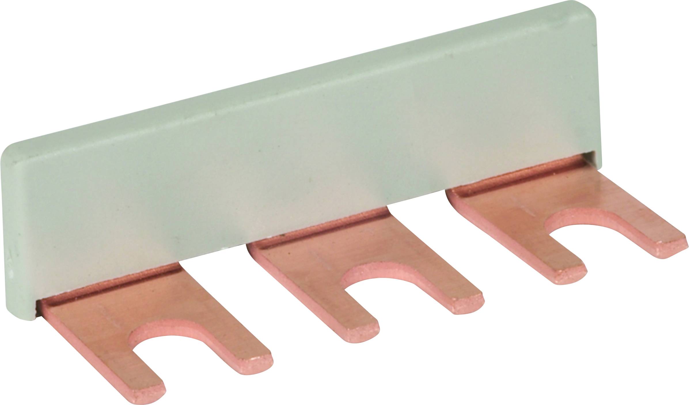 Rail métallique avec trois pinces à fourche pour connexion électrique.