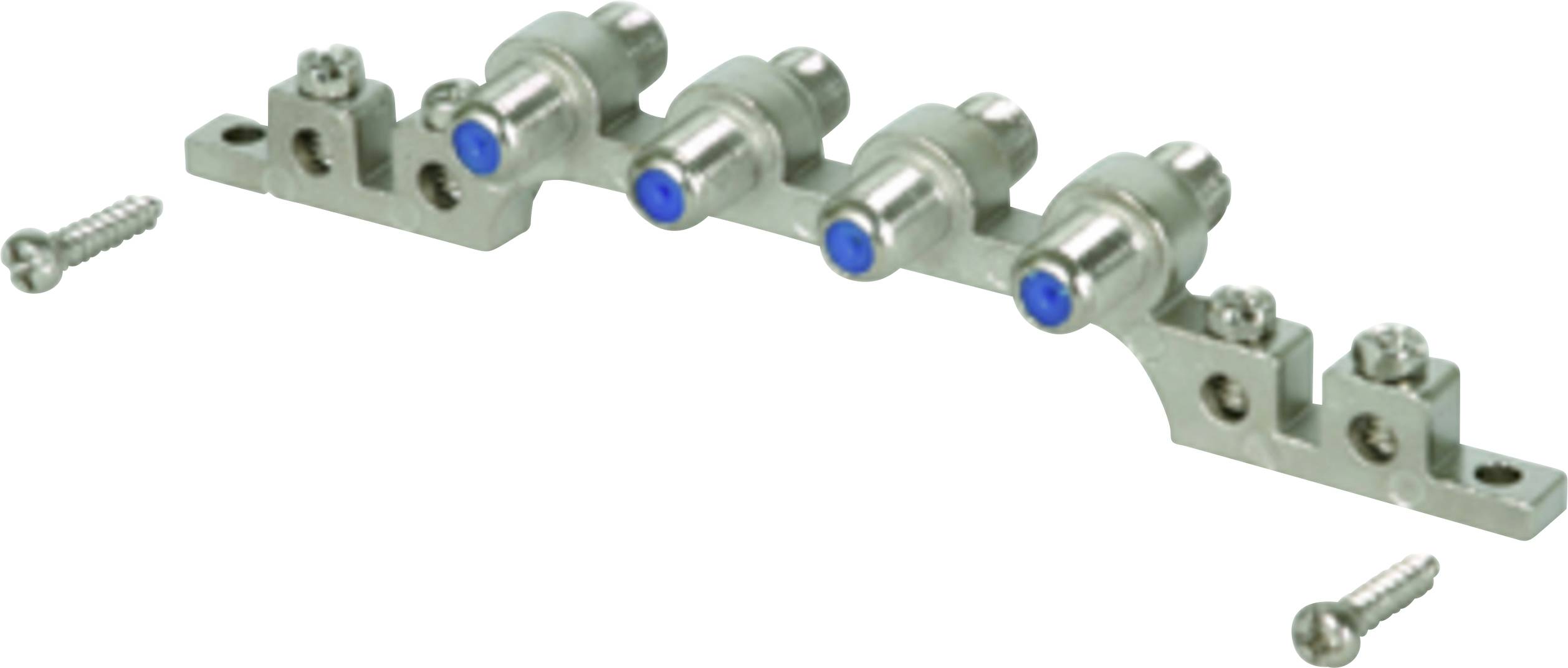 Bloc de distribution métallique avec quatre connexions bleues, sur lequel deux petites vis sont fixées.