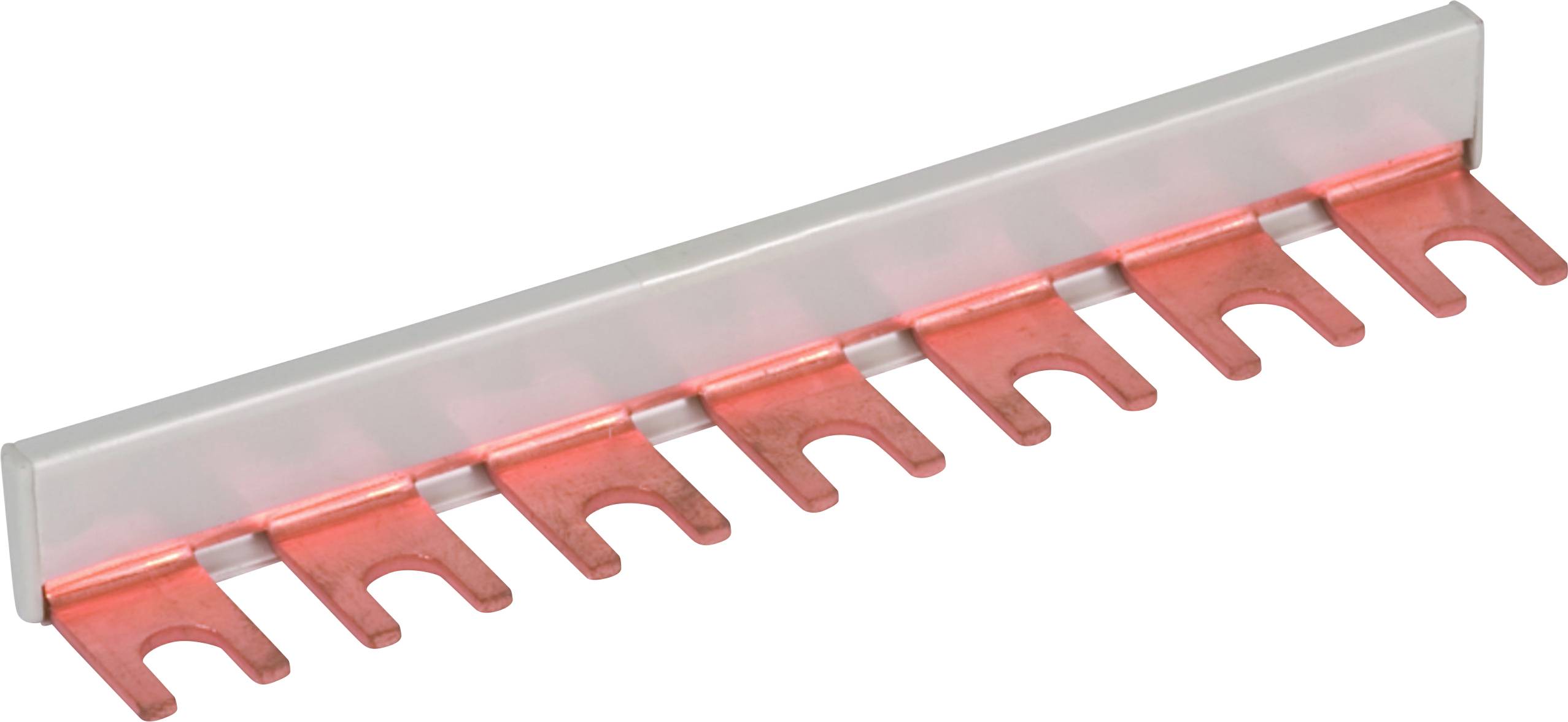 Un distributeur de rail de phase rouge avec plusieurs connexions, généralement utilisé pour la distribution électrique dans les armoires électriques.