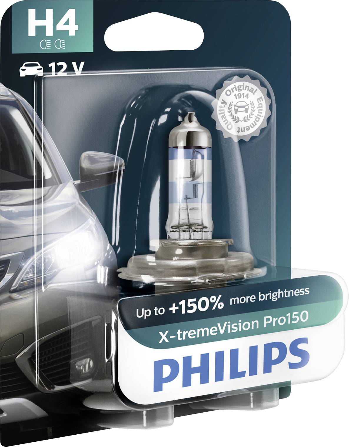 Lampe de phare Philips H4 X-tremeVision Pro150 dans son emballage, 12V, promettant jusqu'à 150% de luminosité plus intense, avec une illustration de véhicule en arrière-plan.