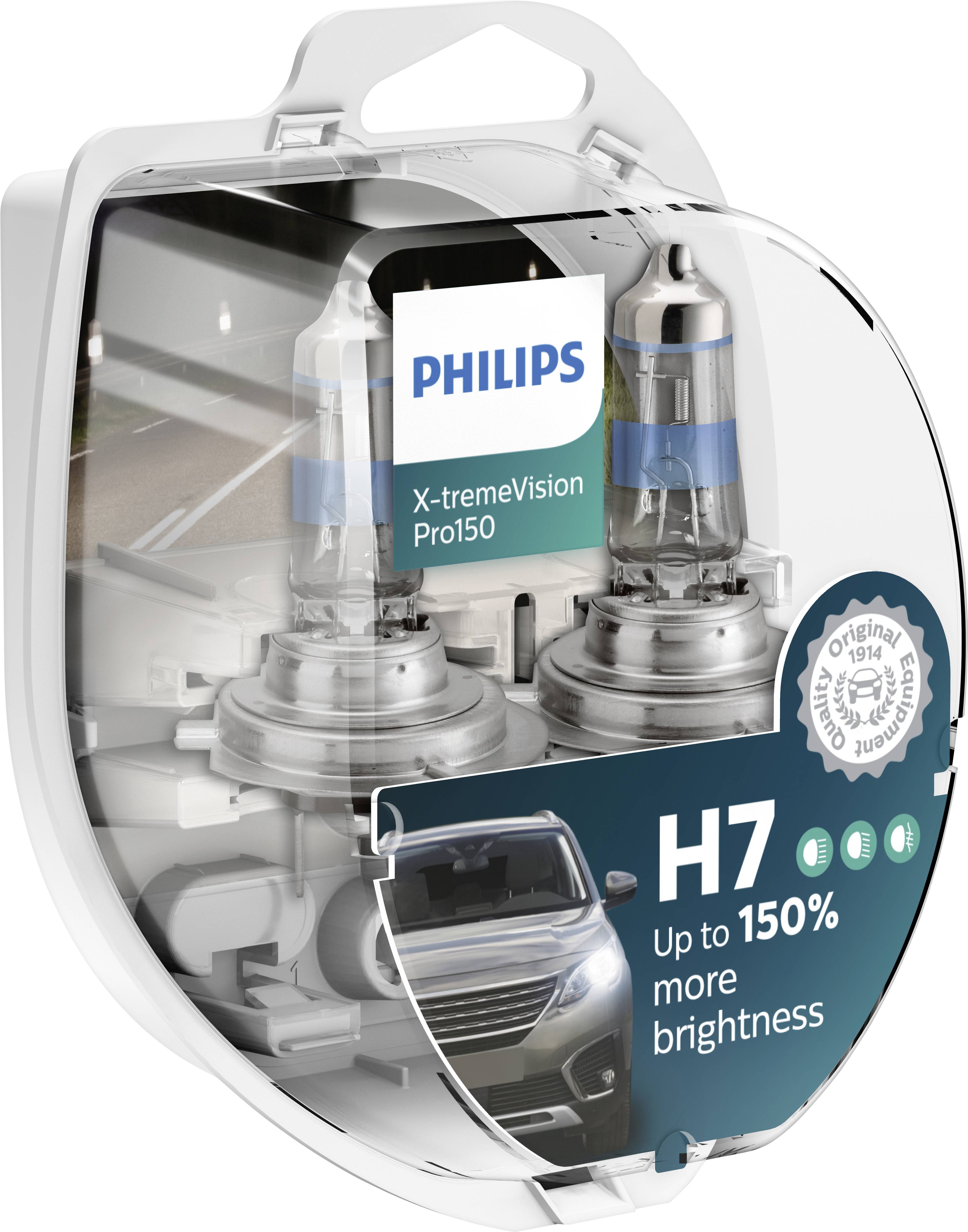 'Deux lampes de phare H7 X-tremeVision Pro150 de Philips dans leur emballage, promettant jusqu'à 150 % de luminosité en plus pour une meilleure visibilité nocturne.'