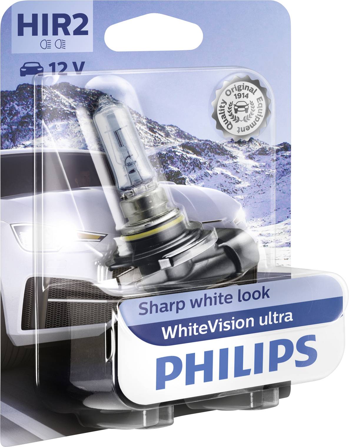 Une ampoule HIR2 de Philips dans un emballage portant l'inscription « Sharp white look, WhiteVision ultra ». L'arrière-plan montre une voiture dans la neige.