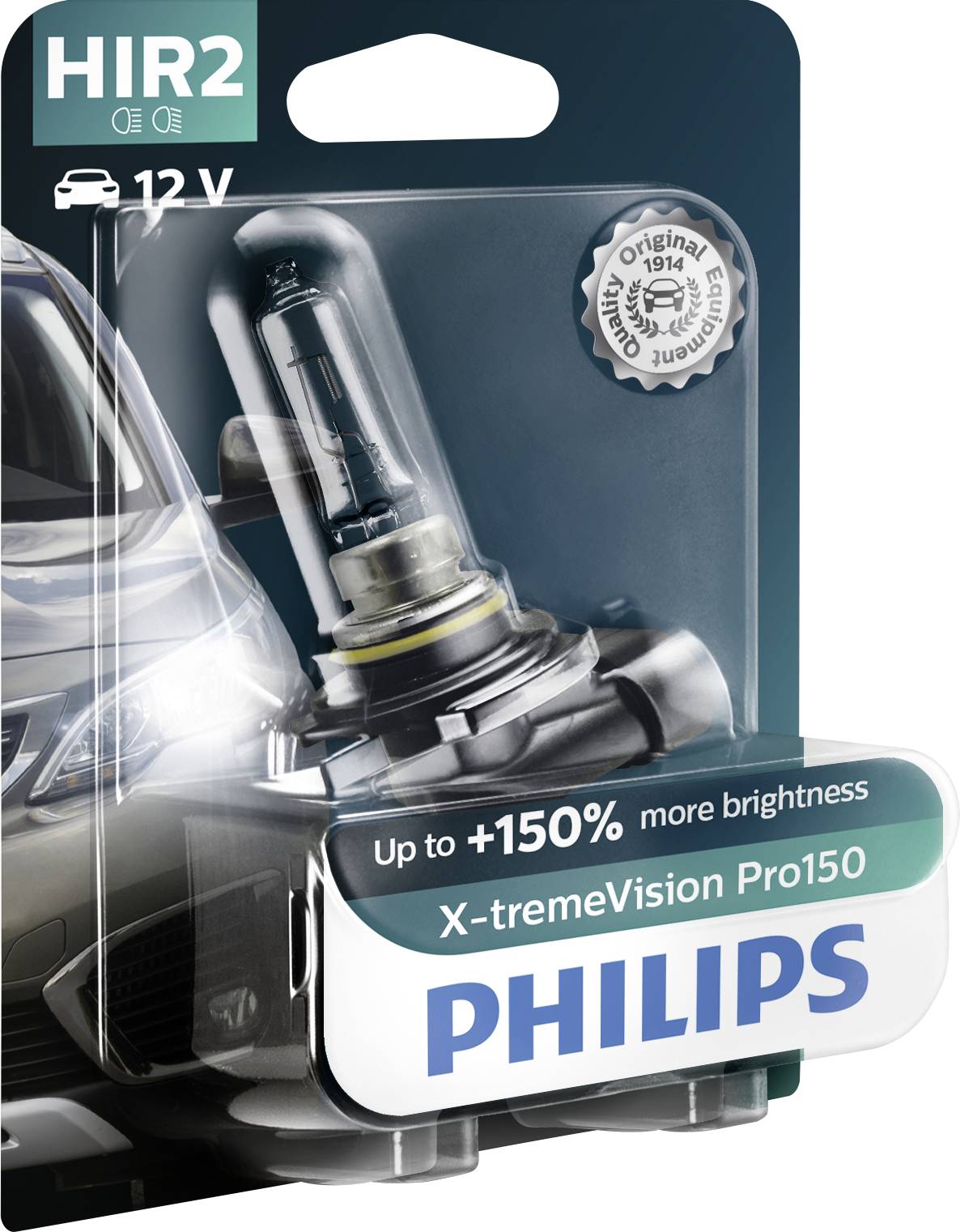 Philips X-tremeVision Pro150 Ampoule pour automobile, HIR2, 12V, sur carte : 'Jusqu'à +150% de luminosité en plus'. À gauche pièce automobile, à droite ampoule.