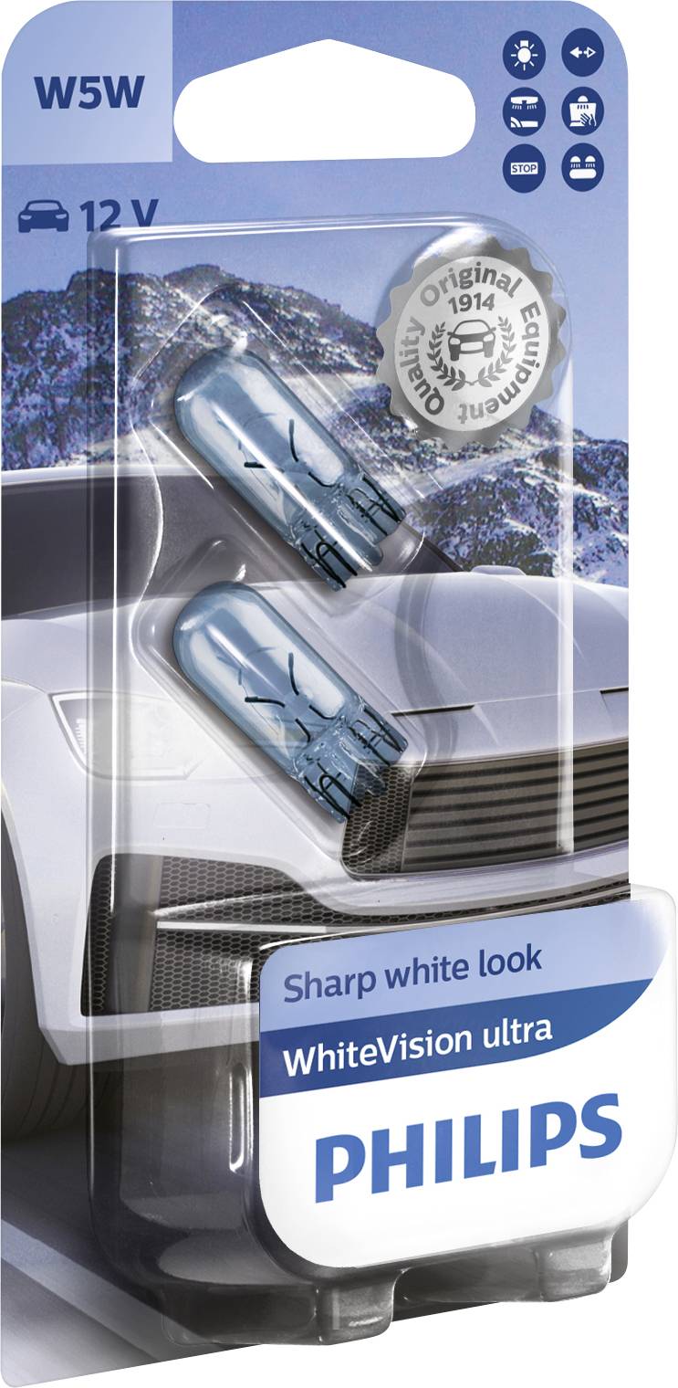 Ampoules « Philips WhiteVision ultra », contenant deux lampes W5W 12V, promet une lumière blanc intense pour une meilleure visibilité.