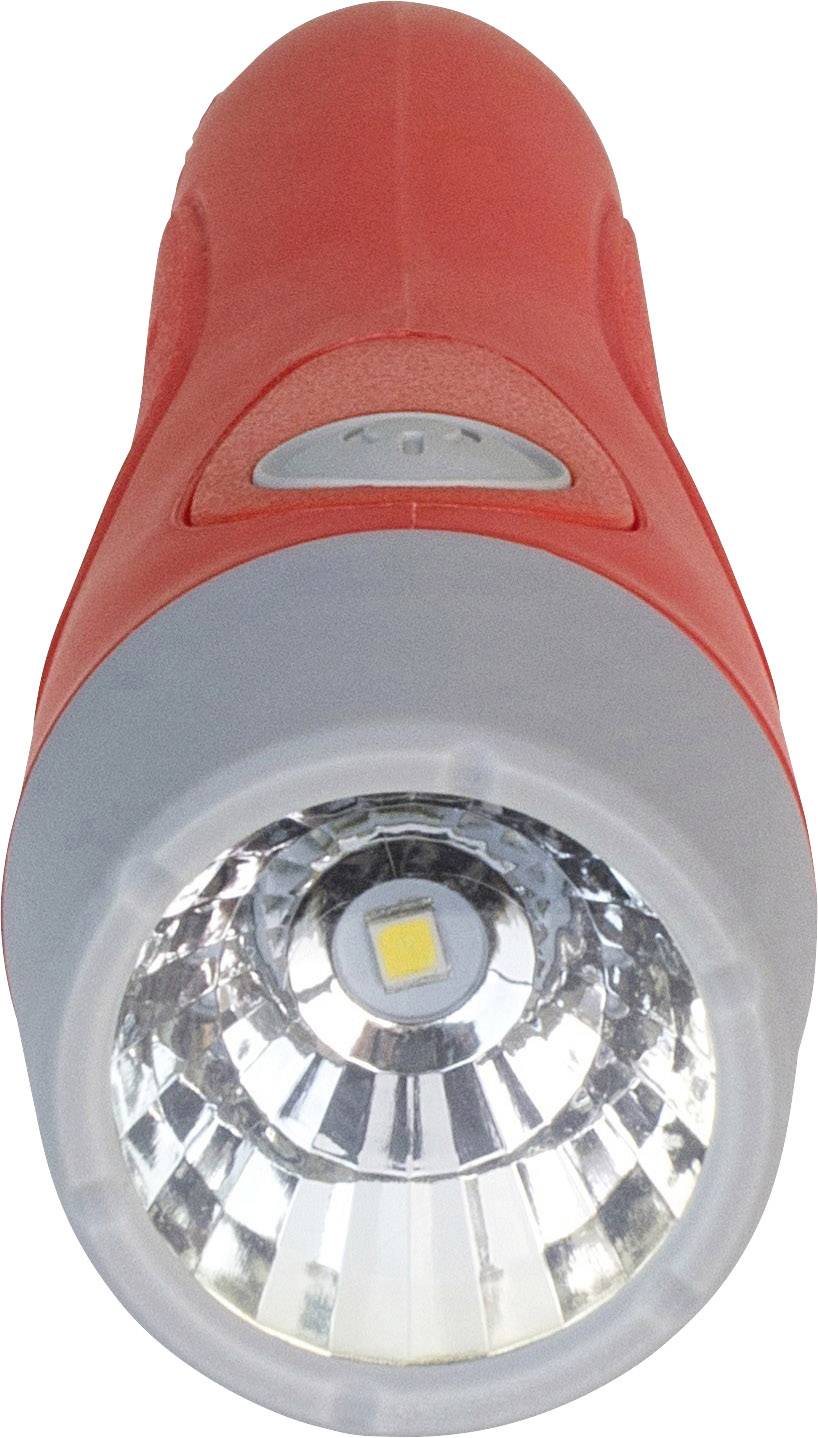 Lampe de poche avec poignée rouge et réflecteur argenté, lumière LED au centre, pointant vers l'avant.