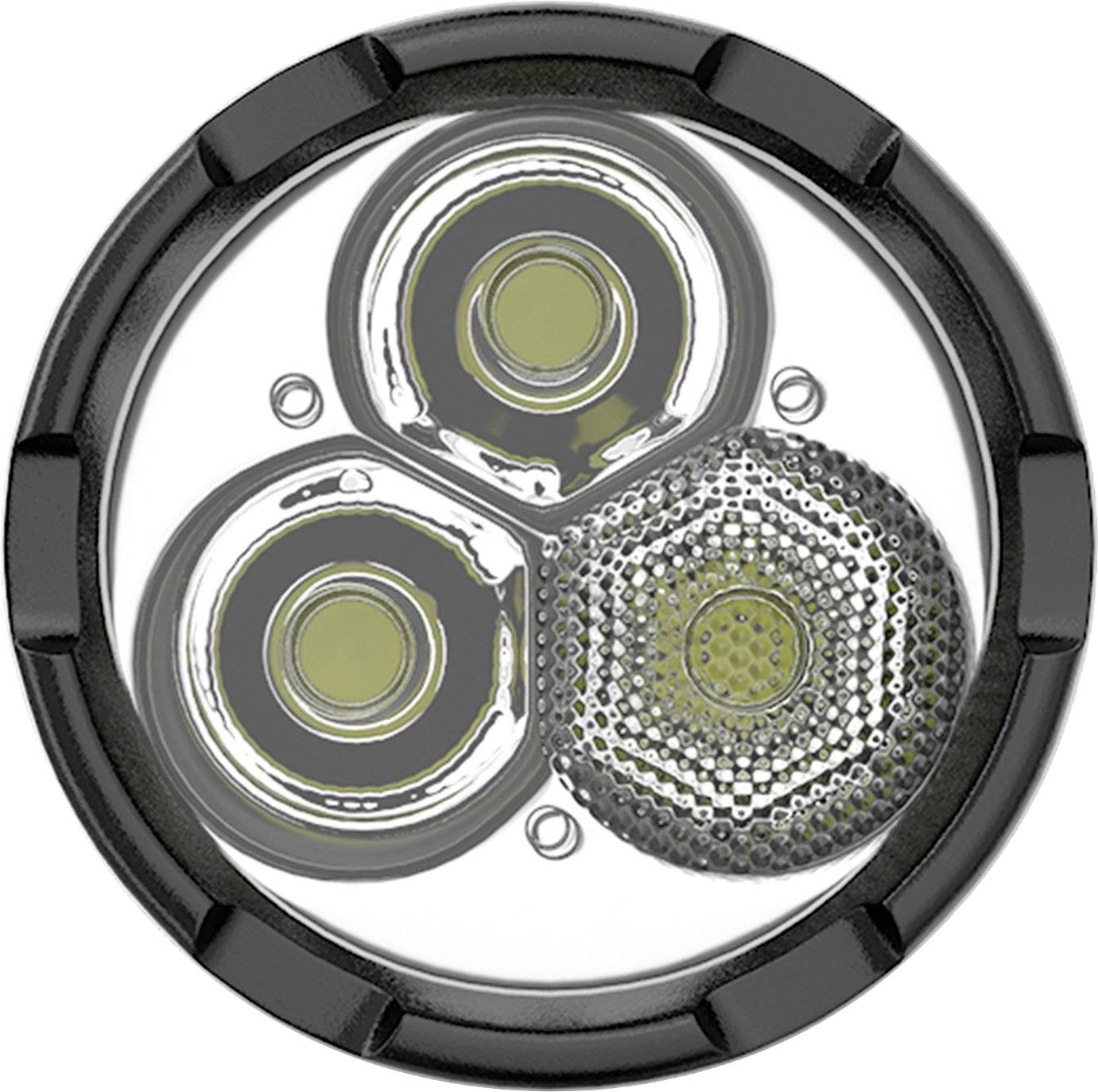 Une lumière LED ronde avec trois lampes, chacune dans un boîtier noir strié. L'une des lampes a une surface quadrillée.