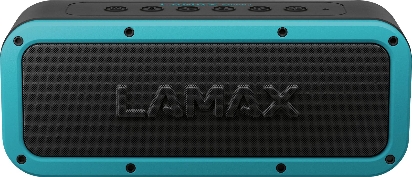 Un haut-parleur Bluetooth portable de Lamax de forme rectangulaire avec des accents de couleur bleu et noir ; touches visibles sur le dessus.