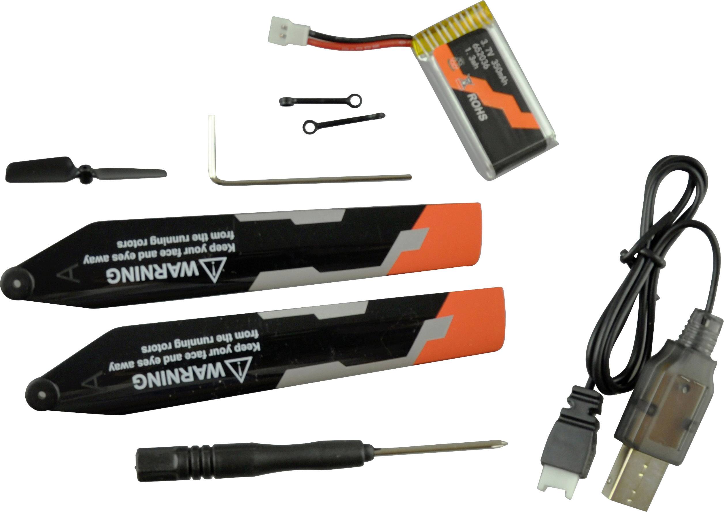 Pièces de rechange pour un drone : deux hélices, un tournevis, un câble de charge, une batterie, des vis et une clé Allen.