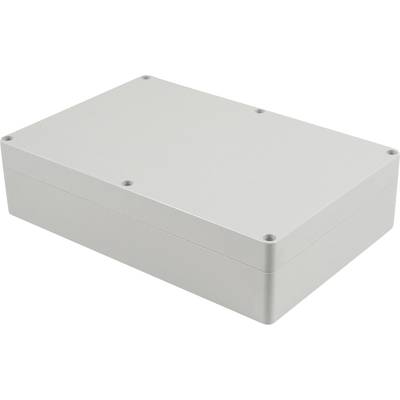 Boîtier rectangulaire en plastique gris clair, fermé, avec des coins arrondis et des trous de vis aux angles, destiné à l'électronique.