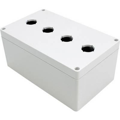 Boîte en plastique blanc rectangulaire avec trois ouvertures circulaires sur le dessus, adaptée aux interrupteurs électriques ou aux éléments de commande.