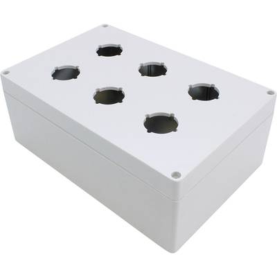 Boîtier de forme rectangulaire, de couleur blanche, doté de six ouvertures circulaires pour le montage d'interrupteurs électriques, sans inserts ni marquage.