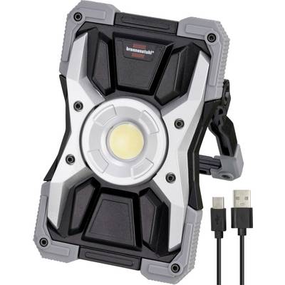Lampe de travail LED portative avec poignée intégrée et deux câbles de charge USB affichés à côté.