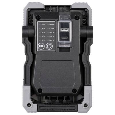 Lampe de travail LED portative robuste ou batterie externe présentée en vue de face avec panneau de charge/statut, bouton d'alimentation, port USB et indicateurs de niveau de batterie.