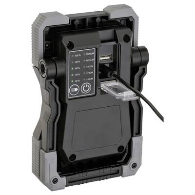 Batterie portable robuste avec port USB, indicateurs LED du niveau de charge et boutons d'alimentation, illustrée avec un câble branché.
