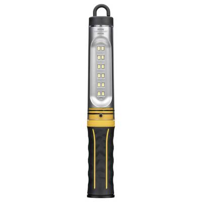 Lampe de poche rechargeable noire et jaune posée verticalement, avec une poignée crochet et plusieurs panneaux de lumière LED sur le devant.