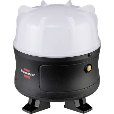 Lampe de travail LED portative avec diffuseur en dôme translucide, base noire, bouton d'alimentation latéral et pieds de style trépied robustes sur un fond blanc.