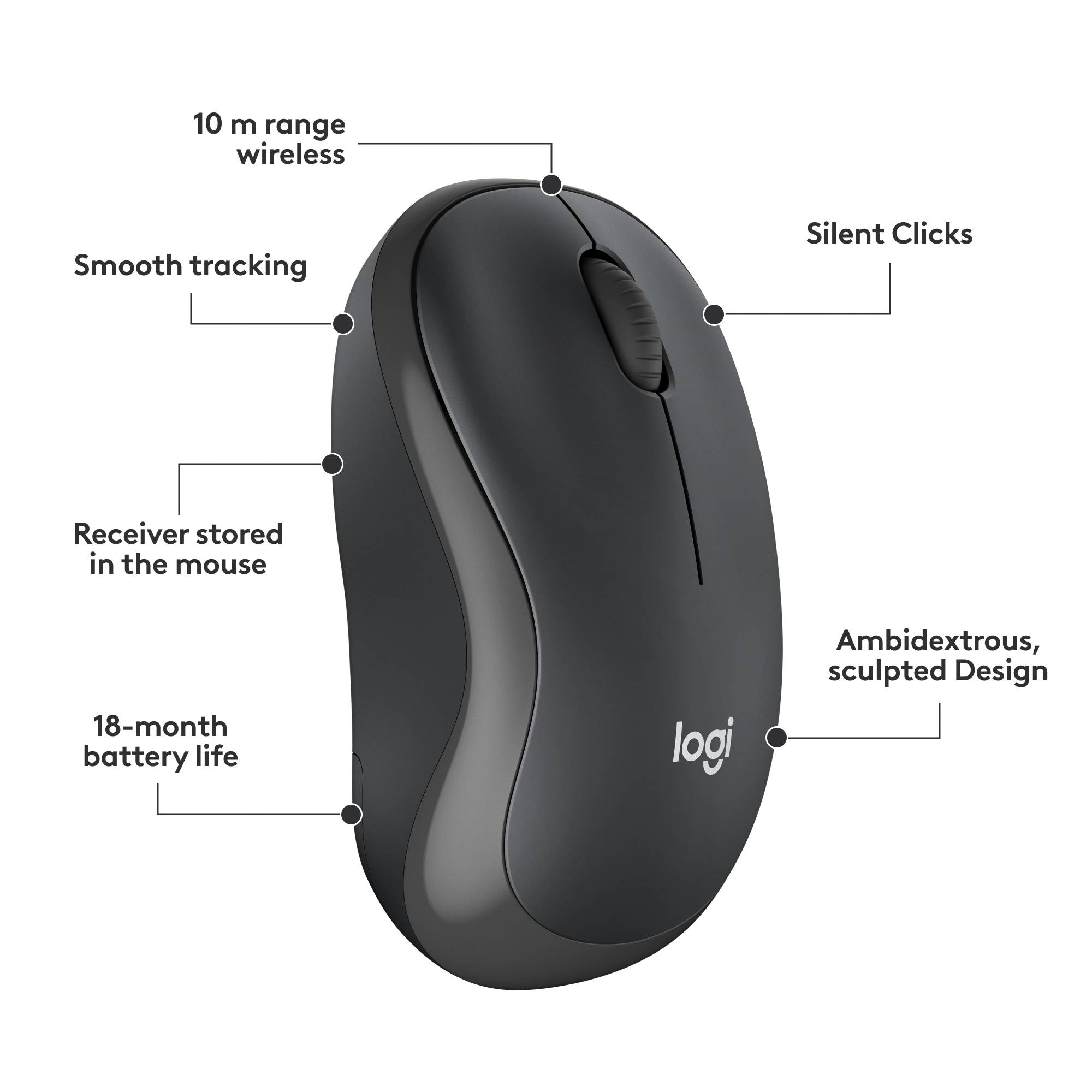 Souris sans fil au design ergonomique, adaptée aux droitiers et aux gauchers, avec des clics silencieux et une autonomie de batterie de 18 mois.