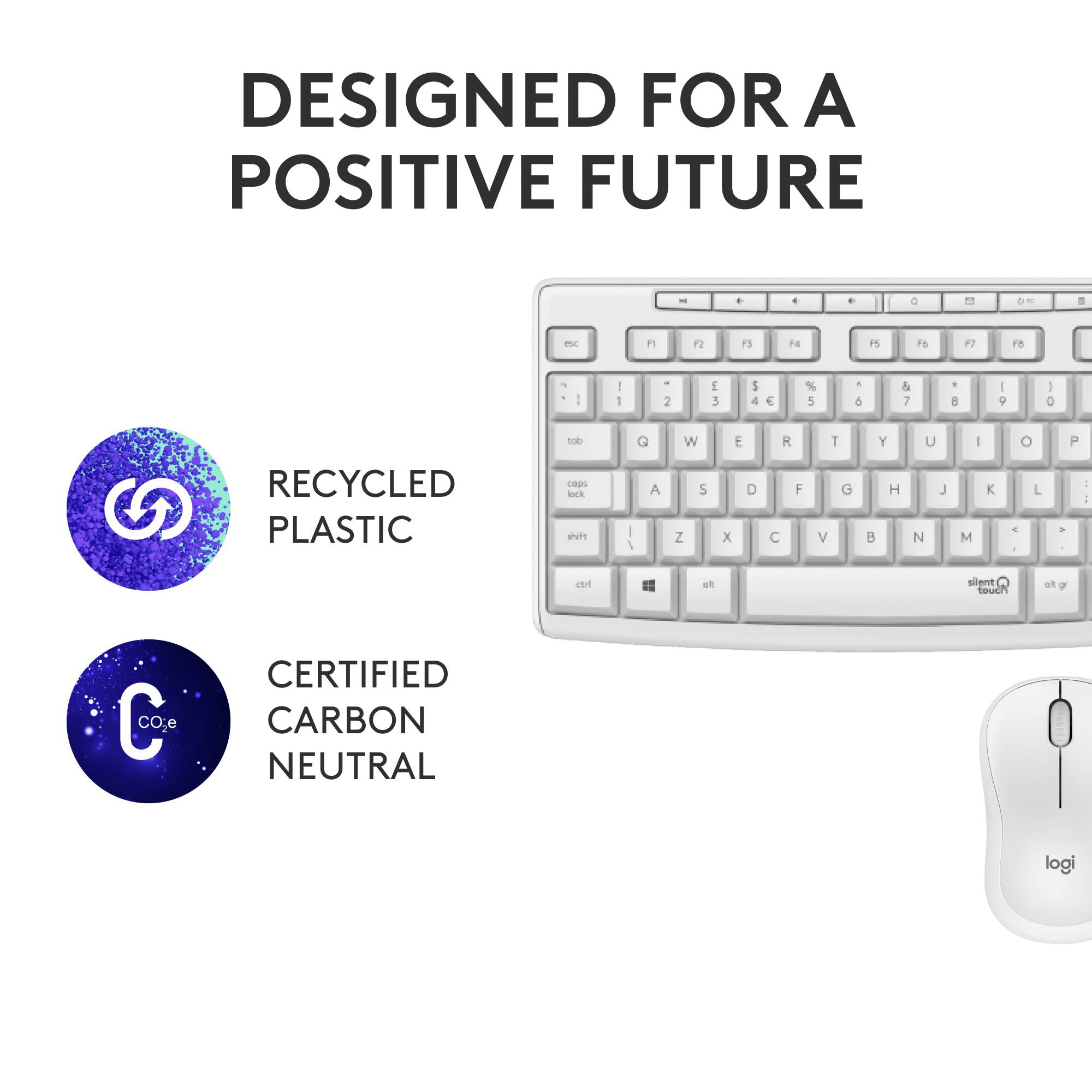 Un clavier et une souris de Logitech. À gauche, symboles : 'Plastiques recyclés' et 'Certifié neutre en CO2'. En haut, texte : 'Développé pour un avenir positif'.