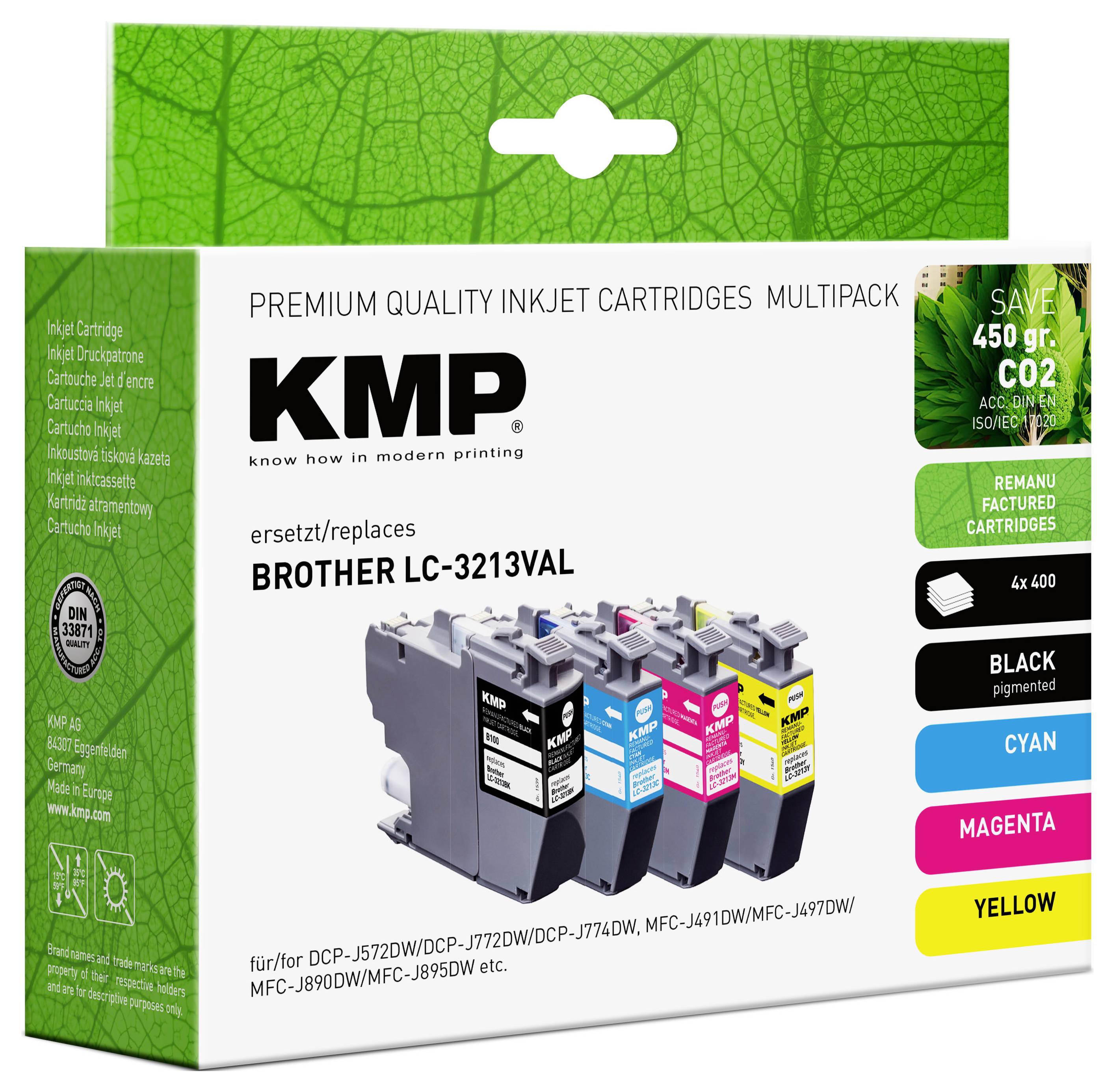 Cartouches d'encre KMP Multipack 3213VAL, compatibles avec les imprimantes Brother. Contient des cartouches noires, cyan, magenta et jaune, et revendique des économies de CO2.