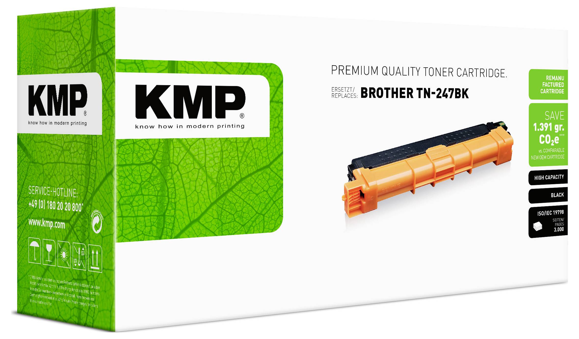 Emballage de cartouche de toner de qualité premium KMP pour Brother TN-247BK, montrant une cartouche de toner noire et une boîte verte avec la marque « KMP ».