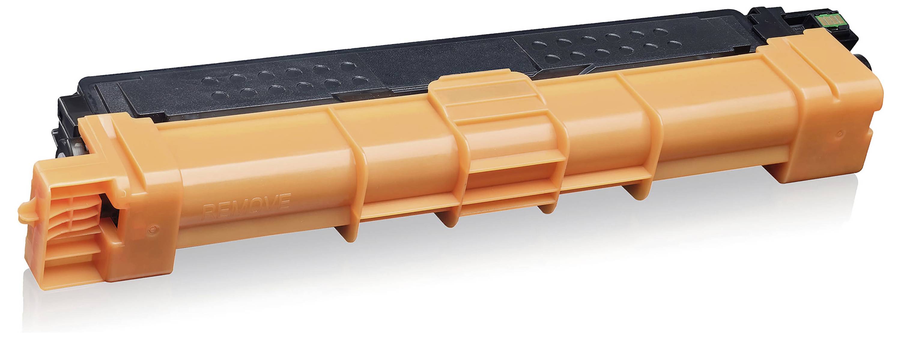 Cartouche de toner orange avec le haut noir, isolée sur un fond blanc.