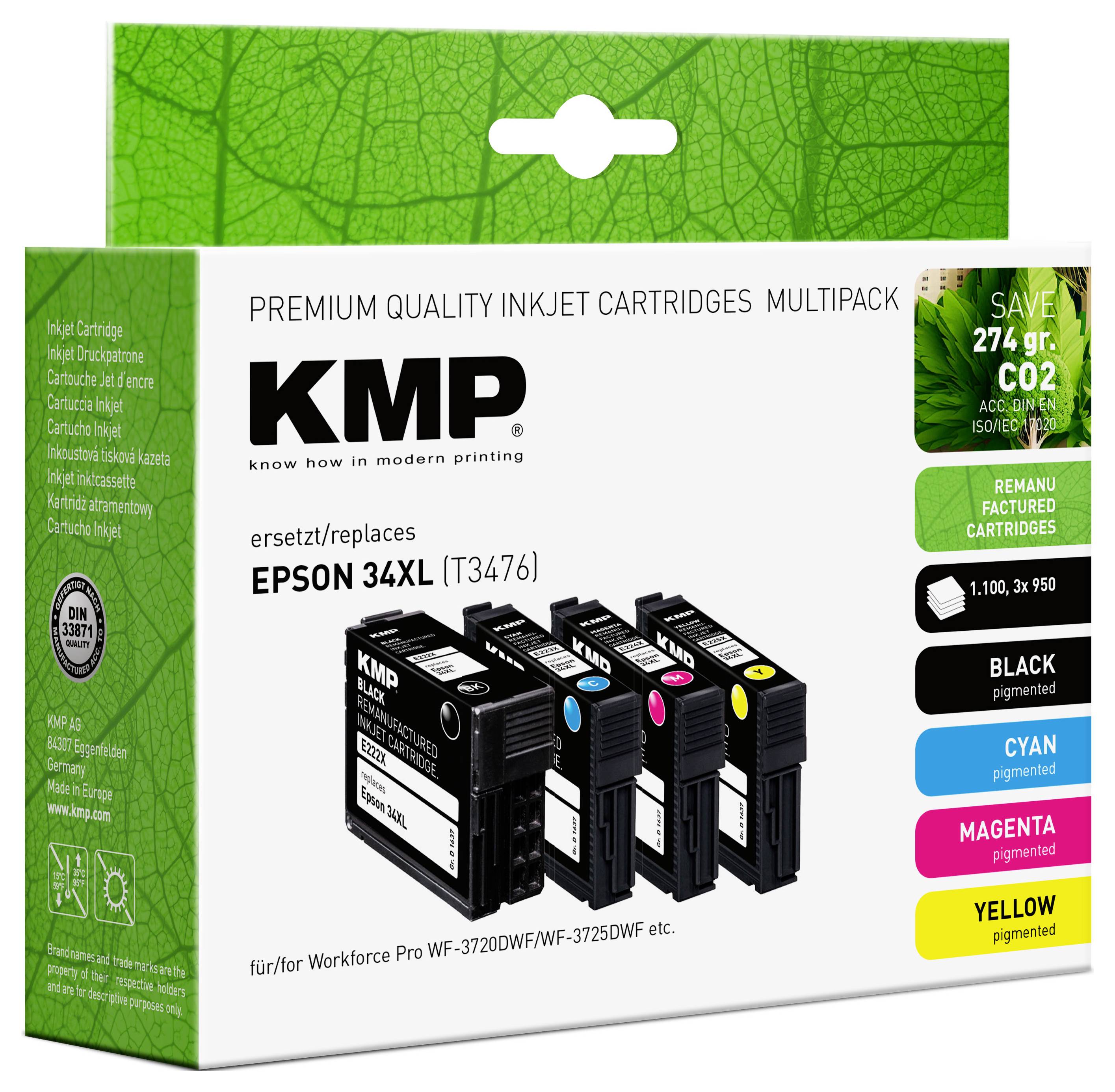 L'image présente un multipack de cartouches d'encre KMP pour imprimantes Epson 34XL. Il contient des cartouches noires, cyan, magenta et jaune.