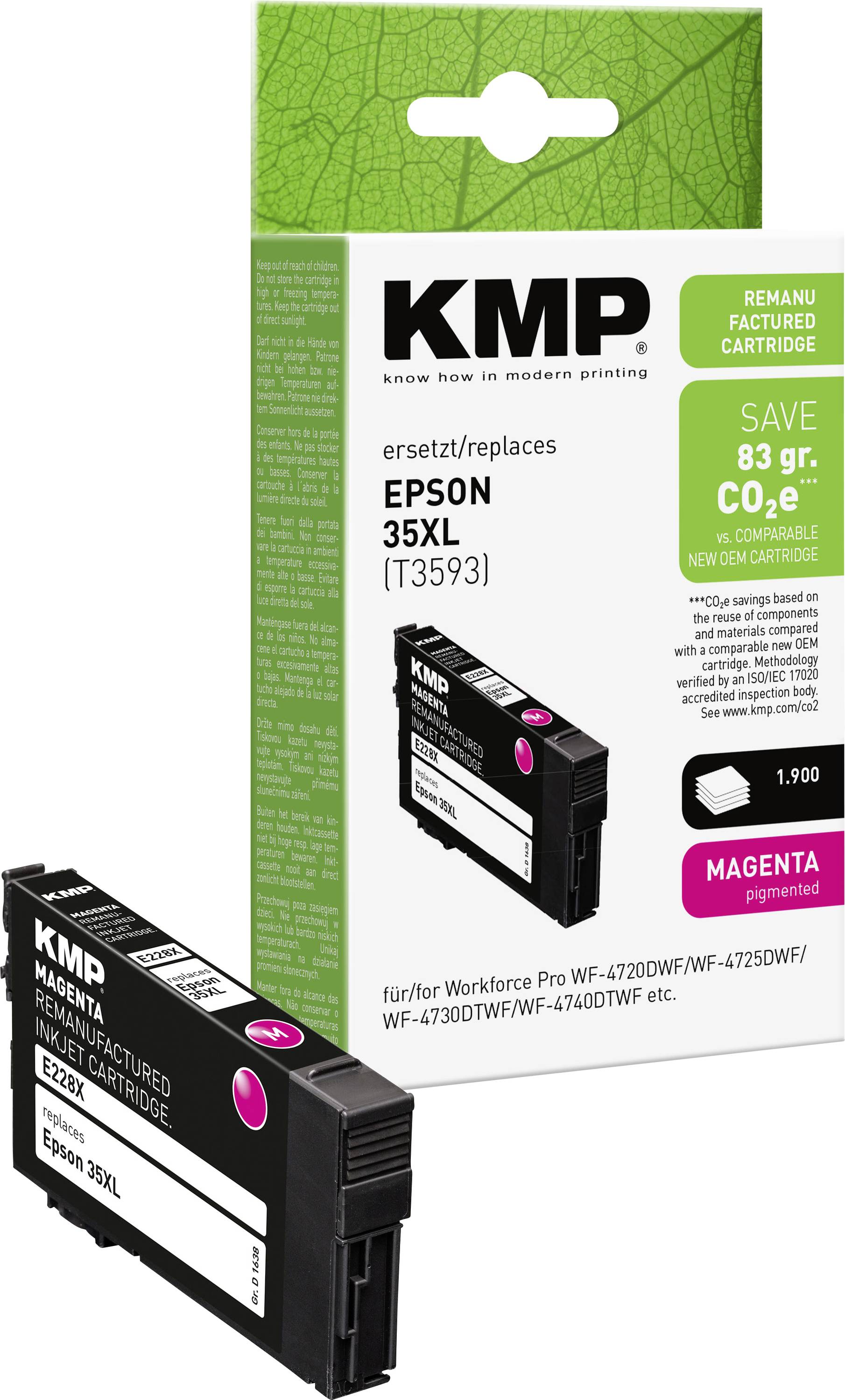 Cartouche d'encre magenta réusinée KMP pour Epson 35XL, présentée avec sa boîte de vente au détail et la cartouche.