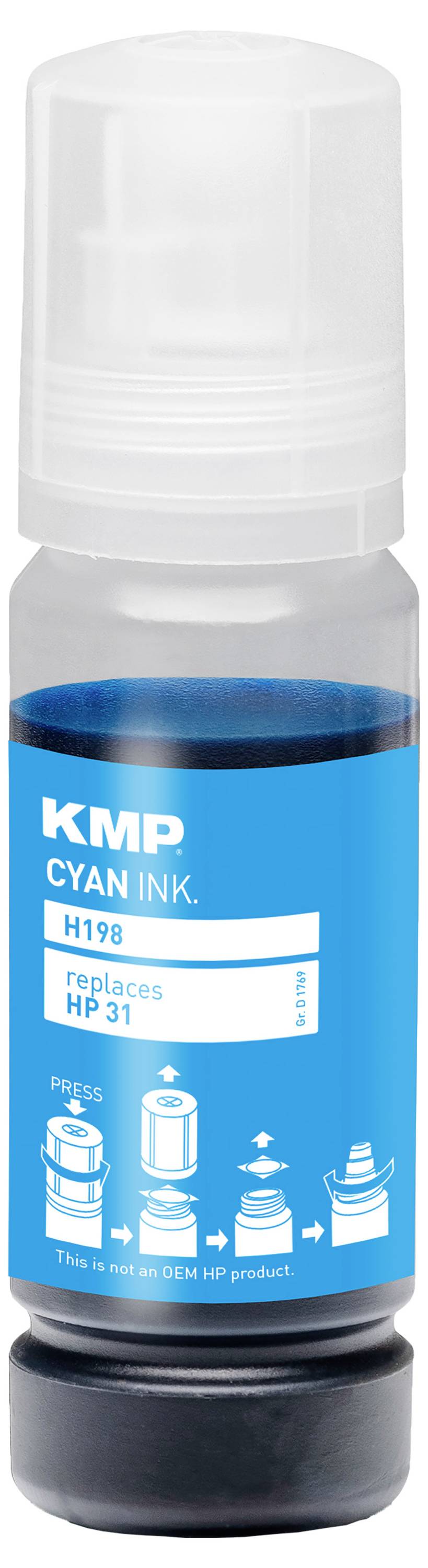 Une petite bouteille d'encre cyan étiquetée Encre Cyan KMP, H198, remplace HP 31, avec un bouchon translucide et une base noire.
