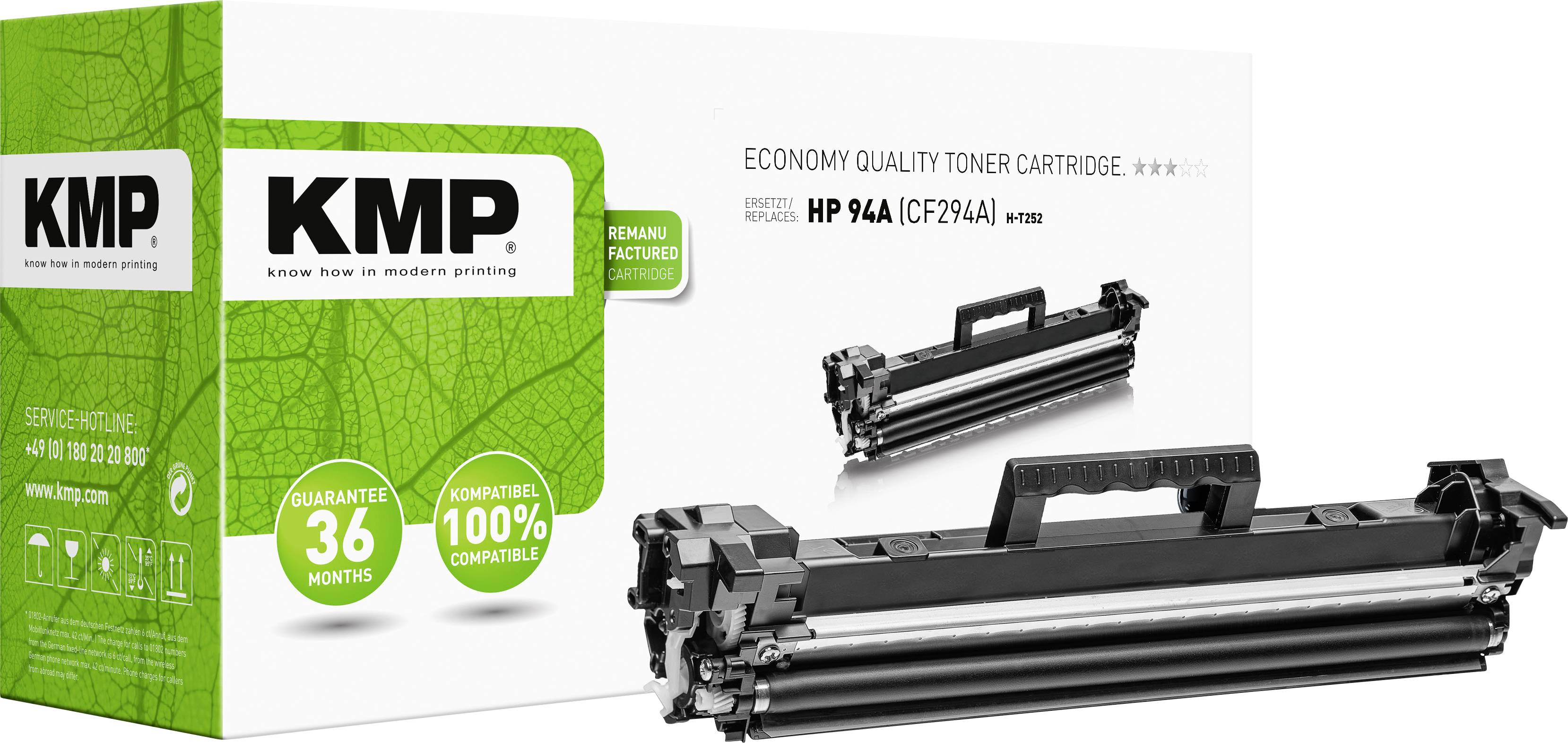 Un toner KMP HP 94A, adapté aux imprimantes, devant un emballage aux éléments de design verts et blancs.