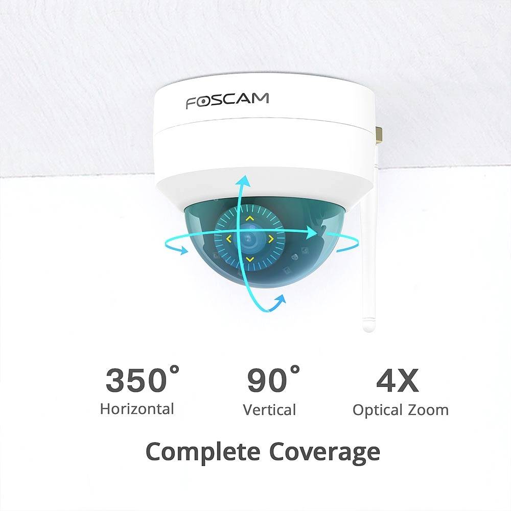 Caméra de surveillance avec objectif pivotant et fonction zoom, offrant une couverture de 350° horizontalement et 90° verticalement pour une surveillance complète.