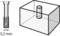Illustration d'un récipient rectangulaire avec un passage cylindrique central. À gauche, représentation d'une barre de 3,2 mm de large.