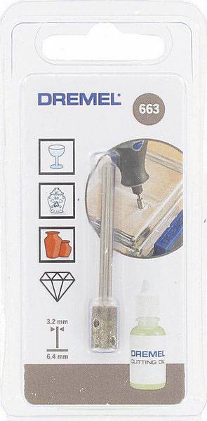 Foret pour verre Dremel 663, adapté pour percer les carreaux, le verre et la céramique, disponible en diamètres de 3,2 mm et 6,4 mm. Contient de l'huile de coupe.
