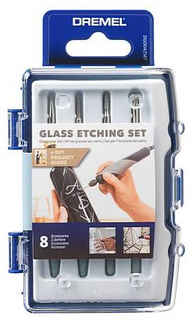 Coffret de gravure sur verre en plastique avec 8 accessoires ; comprend des outils de gravure, des forets et un guide de gravure sur verre.