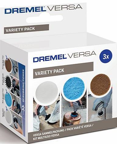 Emballage d'un pack variété Dremel Versa. Contient trois types de disques abrasifs, illustrés dans leurs applications : Nettoyage, Polissage, Décapage.