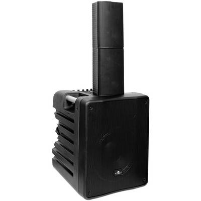 Système de haut-parleur portable avec boîtier noir et module rétractable en haut, adapté pour les événements et les présentations.